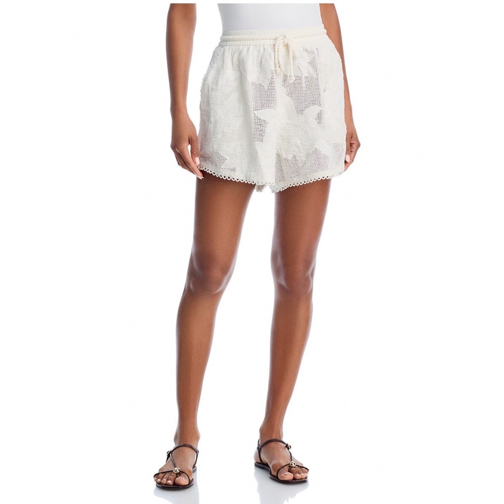 Farm Rio White Flower Embroidered Mesh Shorts Scalloped Trim High Rise LARGE